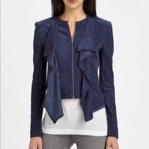 BCBGMaxAzria "Eliot" Carbon Blue Vegan Suede Eyelet Zip-Front Jacket XXS